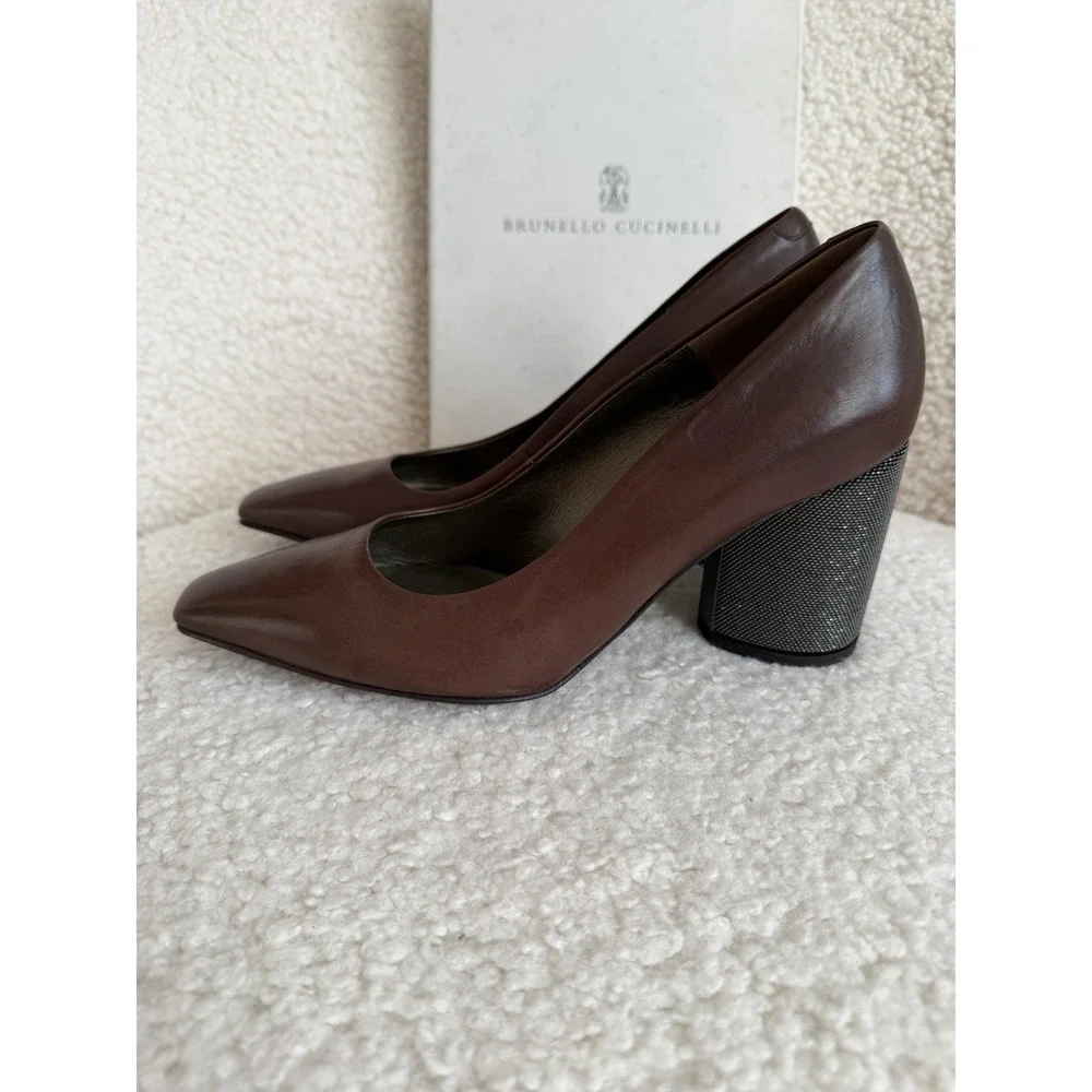 NWT‎ Brunello Cucinelli - Brown Leather And Caviar Beads Block Heel Size 37